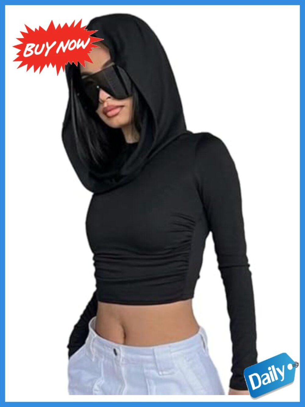 Hooded Ruched Long Sleeve Crop Top Y2K Rave Cowl Neck Bodycon